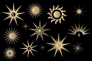 Golden set of mystical magic different sun shapes. Objects of spiritual occultism and esotericism, fashionable style. Template elements for posters, patterns, illustrations and other designs. vector