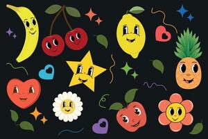 conjunto de frutas, retro dibujos animados personaje en de moda maravilloso estilo en negro antecedentes. Clásico mascota limón, manzana, banana, cereza, piña, con un contento sonrisa. vector