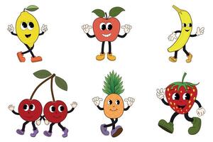 Set of fruits, retro cartoon character in groovy style. Vintage mascot lemon, apple, banana, cherry, pineapple, strawberry with a happy smile. Illustration of funky fruits and berries. vector