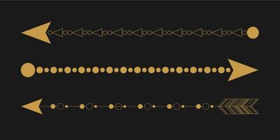 mystic celestial set a with golden outline sun, stars, crescents and moon phases. Black occult shiny linear labels with a magical frame stylized as engraving vector