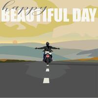 a rider spreading both his hands rising on motorcycle back pose angle which is running celebrating happy beautiful day on the road beautiful view mountains and hills on a sunset time vector