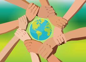 hands holding each other signifying group teamwork in protecting nature globe earth round vector