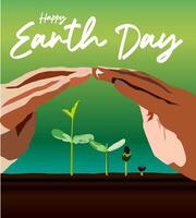 green plant seeds growing in the ground from small and large protected by both hands happy earth day vector