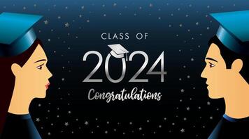 Class of 2024 congratulations, students with square academic cap, school banner concept vector