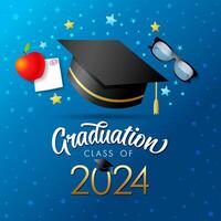 Graduation class of 2024 web stories concept. Greeting card designwith 3D graphic elements. vector