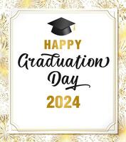 Happy Graduation Day 2024 school banner concept. Holiday backdrop with gold fireworks. 3D sheet of paper. Decorative vintage golden frame. Diploma design concept. Document template. Festive frame. vector