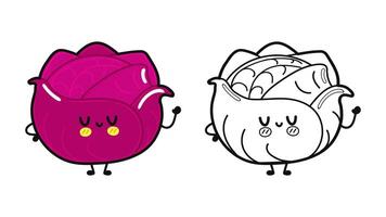Funny cute happy red Cabbage characters bundle set. hand drawn cartoon kawaii character illustration icon. Cute red Cabbage. Outline cartoon illustration for coloring book vector