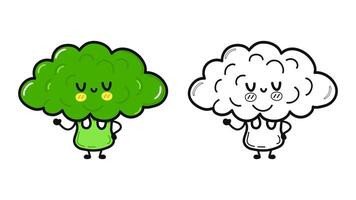 Funny cute happy Broccoli characters bundle set. Hand drawn cartoon kawaii character illustration icon. Cute Broccoli. Outline cartoon illustration for coloring book vector