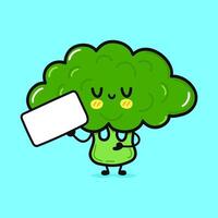 Cute Broccoli with poster. Hand drawn cartoon kawaii character illustration icon. Isolated on blue background. Broccoli think concept vector