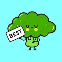 linda brócoli con póster. mano dibujado dibujos animados kawaii personaje ilustración icono. aislado en azul antecedentes. brócoli pensar concepto vector