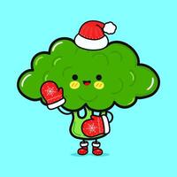 Funny smiling happy Broccoli christmas. flat cartoon character illustration icon design. Isolated on blue background vector