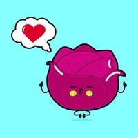 Red Cabbage doing yoga with speech bubble. Hand drawn cartoon kawaii character illustration icon. Isolated on blue background. Red Cabbage in love character concept vector