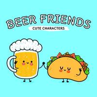 Cute, funny happy glass of beer and taco. Hand drawn cartoon kawaii characters, illustration icon. Funny cartoon glass of beer and taco mascot friends concept vector