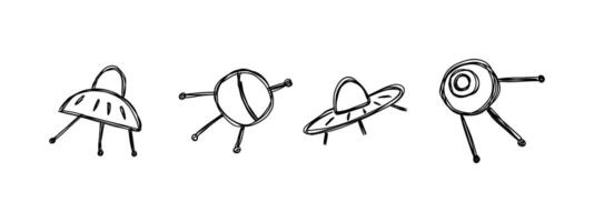 Doodle satellites and flying saucers. Space, stars, spaceship illustration. vector