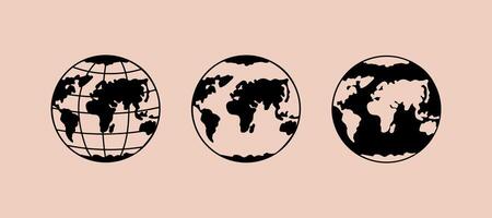 Set of 3 Hand Drawn Earth Globes, Illustration, Isolated on Pastel Background. Minimalistic Design Mixing Different Styles and Fills. vector