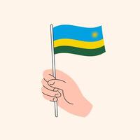 Cartoon Hand Holding Rwandan Flag, Simple Design. Flag of Rwanda, East Africa, Concept Illustration, Isolated Flat Drawing vector