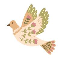 Flat fantasy bird in vintage folk floral style isolated on white background. Flat botanical illustration in pastel colors and boho style. Ideal for home decor, printout, decoration vector