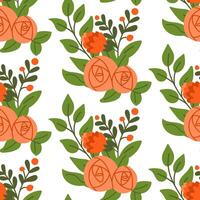 Seamless pattern with flat abstract rose bunch. Summer concept. Isolated items on white background. Trendy folk print design for textile, wallpaper, interior, wrapping vector