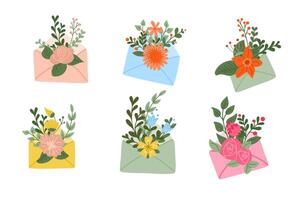 Set of abstract floral compositions with envelopes. Flat hand drawn colored elements on white background. Unique print design for printout, poster, stickers vector