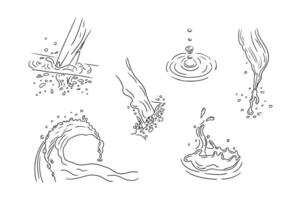 Collection of sketchy drawings of water splashes. Black outline doodles isolated on white background. Ideal for coloring pages, tattoo, pattern vector