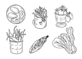 Collection of outline sketchy vegetable drawings. Black outline doodles isolated on white background. Vegan friendly concept. Ideal for coloring pages, tattoo, pattern vector