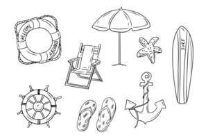 Monochrome set of summer beach items in doodle style. hand drawn contour sketchy drawings of thing related to summer vacation. Isolated stuff on white background vector