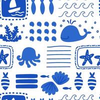 Cute sea creatures patchwork seamless pattern in blue and white. summer vacation wallpaper, textile design, repeat background. Cartoon funny ocean elements fish, whale, seashell, waves, octopus vector