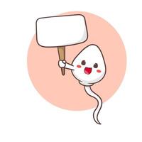 Cute sperm holding empty board cartoon character. Health concept design. Art illustration vector