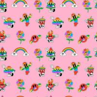 Seamless pattern Cartoon abstract characters feature in retro, trendy stickers with funny comic characters and gloved hands, celebrating Pride Month vector