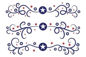 4to de julio letras encabezamiento florido remolinos, patriótico rojo estrellas, y azul elegante lujoso separadores decorativo elementos, americano independencia día caligrafía florece texto divisores vector