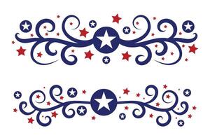 4th of July lettering header Ornate swirls, patriotic red stars, and blue Elegant fancy separators Decorative Elements, American Independence Day Calligraphy Flourishes text dividers vector