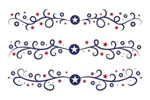 4to de julio letras encabezamiento florido remolinos, patriótico rojo estrellas, y azul elegante lujoso separadores decorativo elementos, americano independencia día caligrafía florece texto divisores vector