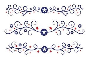 4to de julio letras encabezamiento florido remolinos, patriótico rojo estrellas, y azul elegante lujoso separadores decorativo elementos, americano independencia día caligrafía florece texto divisores vector