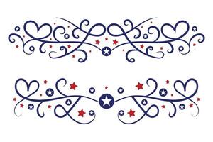 4th of July lettering header Ornate swirls, patriotic red stars, and blue Elegant fancy separators Decorative Elements, American Independence Day Calligraphy Flourishes text dividers vector