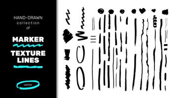 Set of marker textures and lines. This collection includes various shapes and designs suitable for creative projects, featuring highlights, stripes, and circles vector