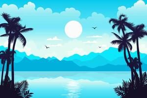 A serene cyan and blue tropical landscape with palm trees, ocean, and a colorful sky. Relaxing vacation spot with tropic beaches and vibrant scenery vector