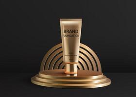 A luxurious 3D podium in golden tones presents a foundation cream golden tube, ideal for showcasing beauty products. Its modern design and elegant presentation, perfect for advertising. vector