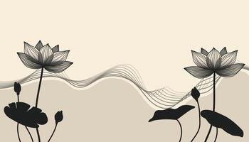 Lotus flowers and leaves against a beige backdrop with black accents. Elegant design adds a touch of luxury to any project, suitable for various applications like invitations or textiles. vector