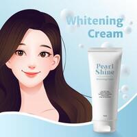 A banner with 3d whitening cream package, showcasing a realistic beautiful young woman with flawless skin. Beauty and skincare products, ideal for advertisements and packaging. vector