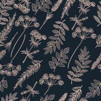 A seamless pattern featuring wild herbs in a vintage style with a grunge touch. Elegance to the botanical illustration. vector