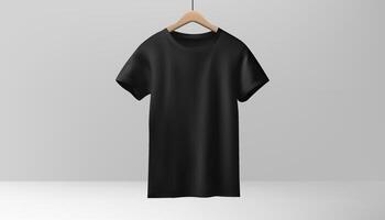 A black tshirt mockup hangs on a wooden hanger against a white backdrop. For showcasing fashion designs for both men and women, providing a realistic presentation. vector