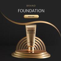 Banner luxury 3D podium in golden tones presents a foundation cream golden tube, ideal for showcasing beauty products. Its modern design and elegant presentation, perfect for advertising. vector