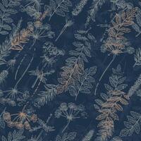 A seamless pattern featuring wild herbs in a vintage style with a grunge touch. Blue accents add elegance to the botanical illustration vector