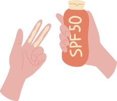 One hand with cream on the fingers and the other holding a tube of sunscreen. Hands showing how to use sunscreen for the face. illustration in flat style vector