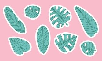 Set of cute tropical monstera plant in pot monstera leaves isolated on light background premade stickers. Colored trendy illustration in hand drawn flat cartoon style vector