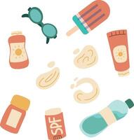 Sun safety collection. Tubes and bottles of sunscreen products cream, lotion, lipstick, spray. Hand drawn summer cosmetic and different sun glasses. Skin protection. vector