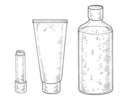 Cosmetic Bottles Set. Black line art drawing of beauty products. Outline illustration of shampoo and cream. Linear sketch on isolated white background. Hand drawn editable clipart vector