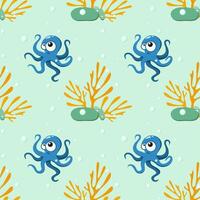 Pattern with octopuses and corals, air bubbles and stones. Cheerful childrens humorous seamless pattern on turquoise background. vector