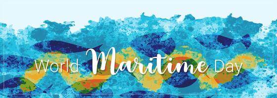 World Maritime Day with watercolor sea ocean and fishes silhouettes, Ocean Day, Fishing Day. Banner horizontal on international maritime day. vector