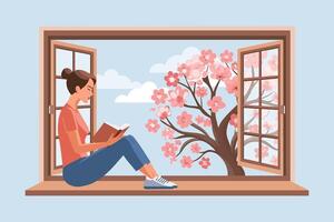 A cute woman is reading a book while sitting near an open window with a landscape. Illustration for a bookstore. Education and recreation concept. vector